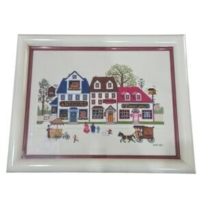 Vintage Charles Wysocki Cross Stitch Needlepoint Complete Framed Artwork Hanging